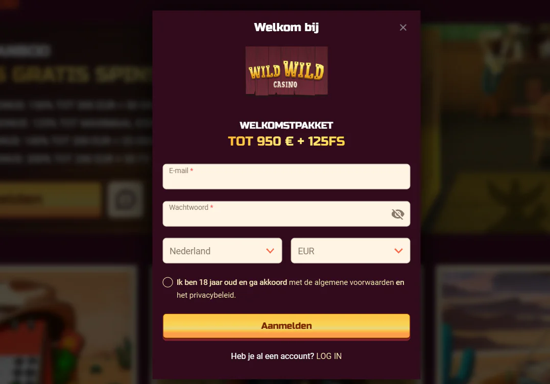 Wild Wild Casino registratieformulier met welkomstbonus tot €950 en 125 gratis spins